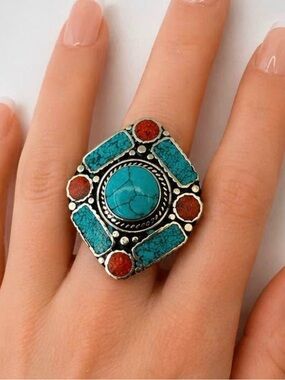 Boutique Tibetan Turquoise Coral Statement Ring Adjustable Silver Tone